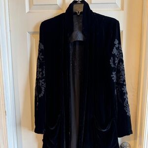 Luxurious Johnny Was Black Silk Velvet Eyelet Open Front Cardigan, size S